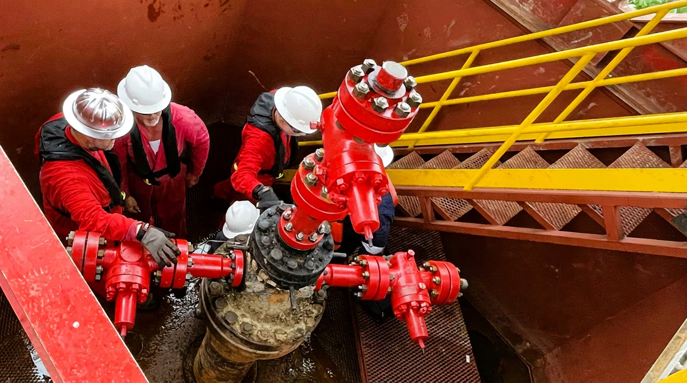 Field crew working on a red wellhead assembly during a well intervention