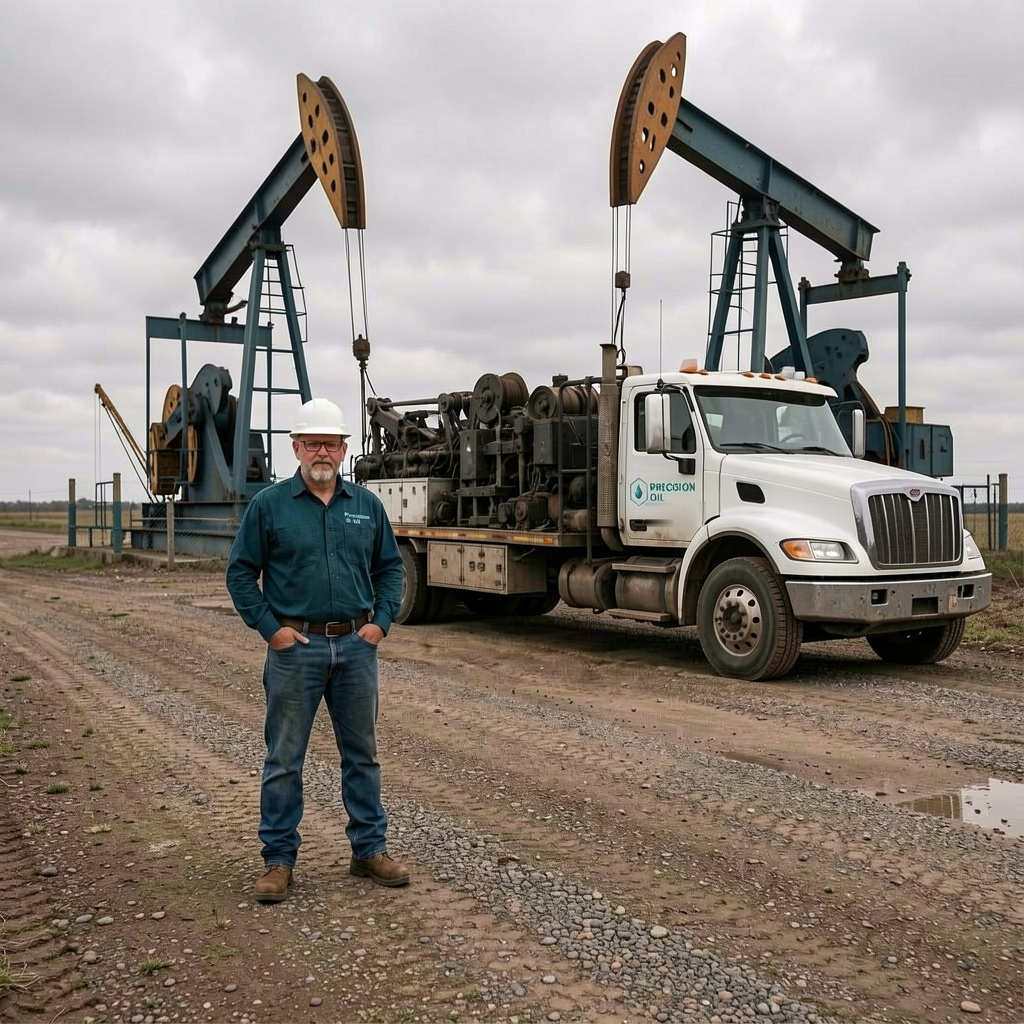 Precision Oil field technician beside a service truck at a pumpjack site
